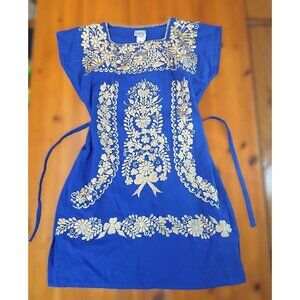 Mexican Solei Dress Gold Tone Embroidered Blue Mod Tie Back Size M